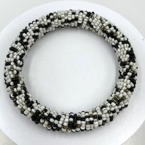 Vintage Handmade Black White Beaded Bangle Bracelet Tribal Seed Bead Statement